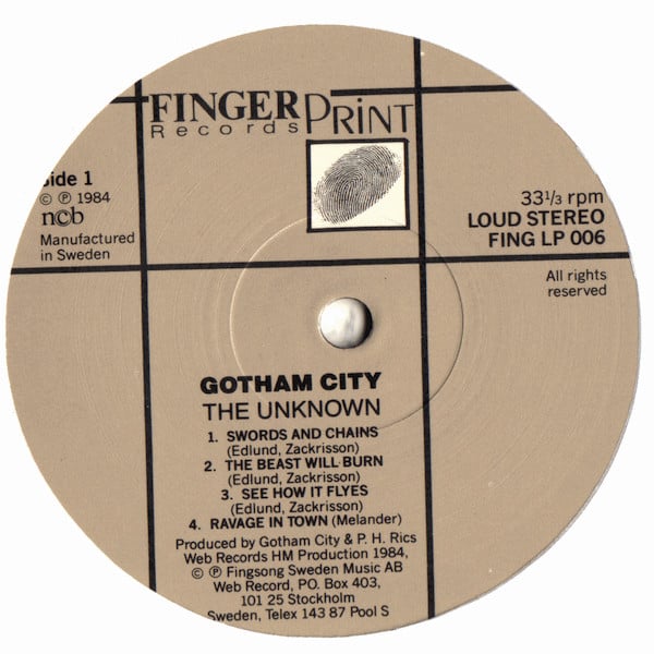 1984 Sweden Heavy Metal Vinyl LP Record - Gotham City – The Unknown