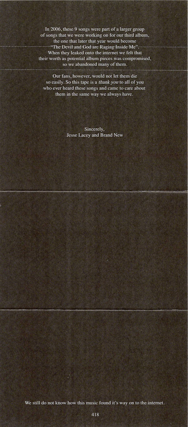 Brand New - Alternative Rock Leaked Demos from 2006 - Brand - New Red Cassette Released in 2016 by Procrastinate! Music Traitor USA with Digital Download
