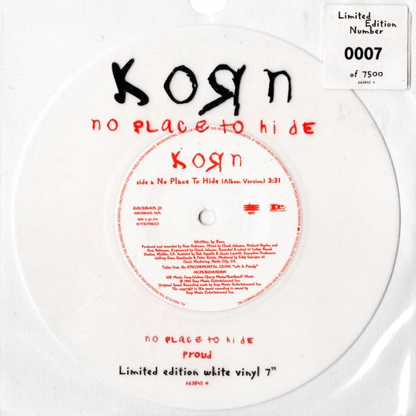 1996 Epic Immortal Records Mint 7' Single White Vinyl - Korn's No Place To Hide (No. 0124) Rock/Nu Metal