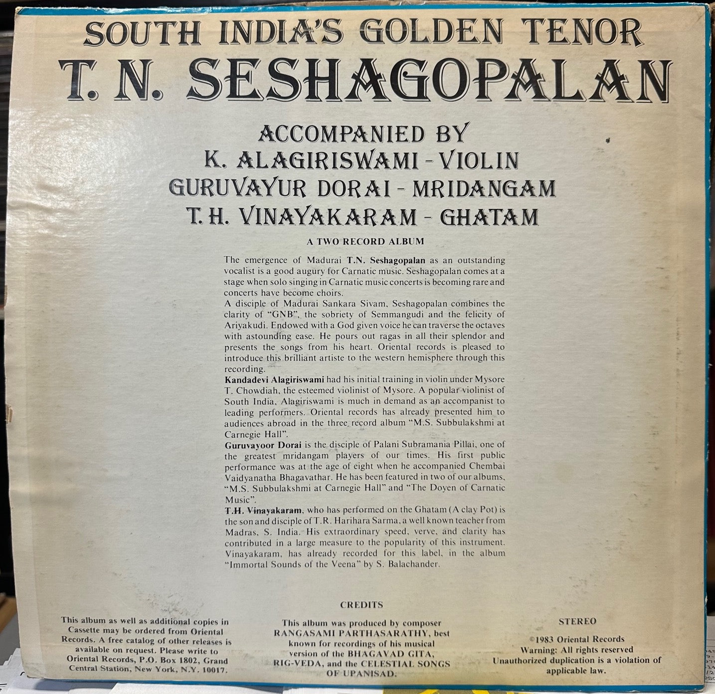 T.N. Seshagopalan - The Golden Tenor of South India - High - Quality 2 LP Vinyl Record from 1983 by Oriental USA in World, Carnatic, and Indian Classical Music Categories