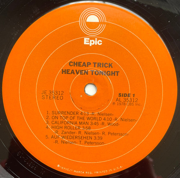 1978 Epic USA Original VG+ LP Record - Cheap Trick's Heaven Tonight Pop Rock Album