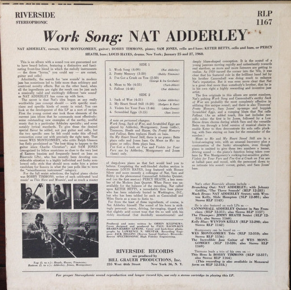 1960 Riverside USA Mono Vinyl LP - Nat Adderley's Jazz Hard Bop 'Work Song'