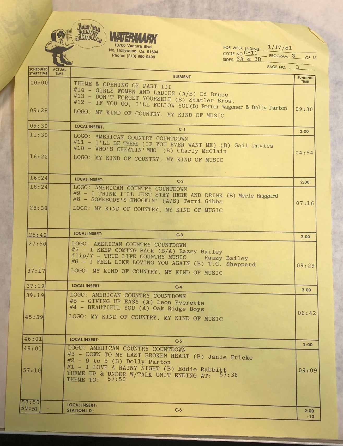 1981 American Country Countdown 01/17/81 - VG+ 3 LP Record Box Set with Cue Sheets