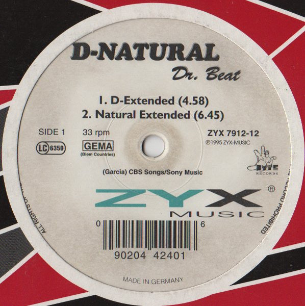 1995 German Vinyl Record - D-Natural's Dr. Beat Mint Single in House / Euro House Genre by ZYX Music