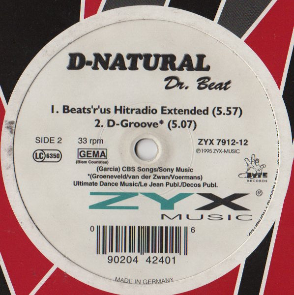 1995 German Vinyl Record - D-Natural's Dr. Beat Mint Single in House / Euro House Genre by ZYX Music