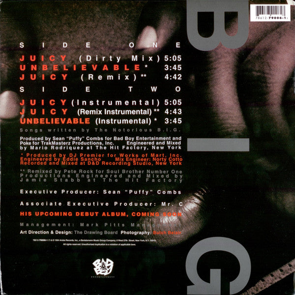 1994 Bad Boy USA Original Vinyl - The Notorious BIG's 'Juicy' 12 - inch Hip - Hop Record