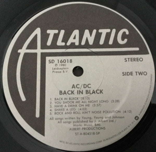 AC/DC - Back In Black - A VG+ Quality 1980 Atlantic USA RL Ludwig Mastered Vinyl LP Record of Hard Rock Genre with Embossed Cover and Grey Print