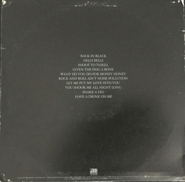 AC/DC - Back In Black - A VG+ Quality 1980 Atlantic USA RL Ludwig Mastered Vinyl LP Record of Hard Rock Genre with Embossed Cover and Grey Print