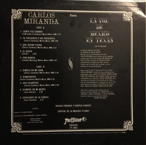 Carlos Cardenas - Junta Tus Ganas / Dímelo En Mi Cara - A Classic 1978 Latin / Ranchera / Tejano Vinyl LP Record from Freddie USA in VG+ Condition