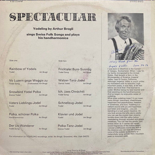 1973 USA Self - Released Mint LP: Arthur Brogli's Spectacular Yodeling Folk/Polka Vinyl