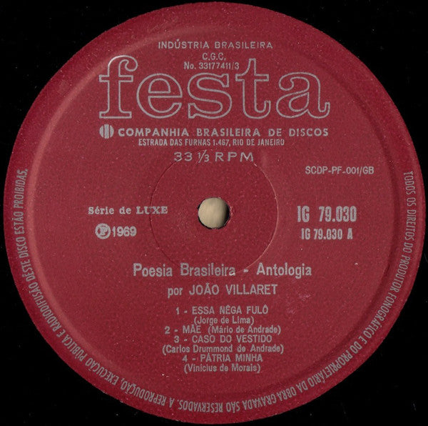 1969 Brazilian Modern Poetry Vinyl LP - João Villaret's Latin Spoken Word Record