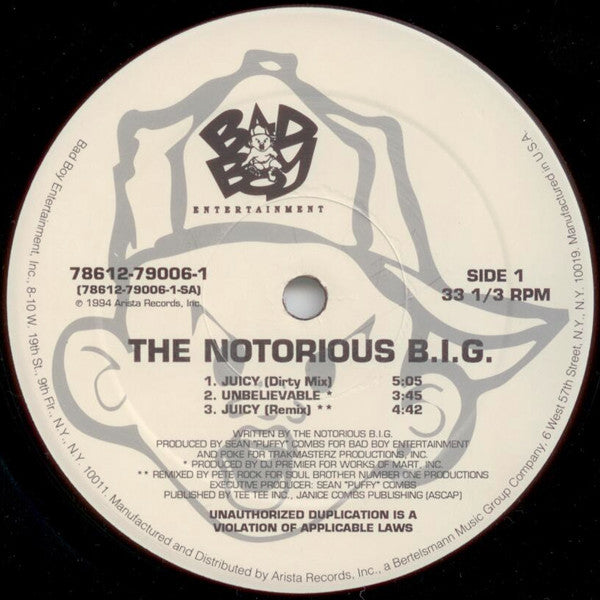 1994 Bad Boy USA Original Vinyl - The Notorious BIG's 'Juicy' 12 - inch Hip - Hop Record