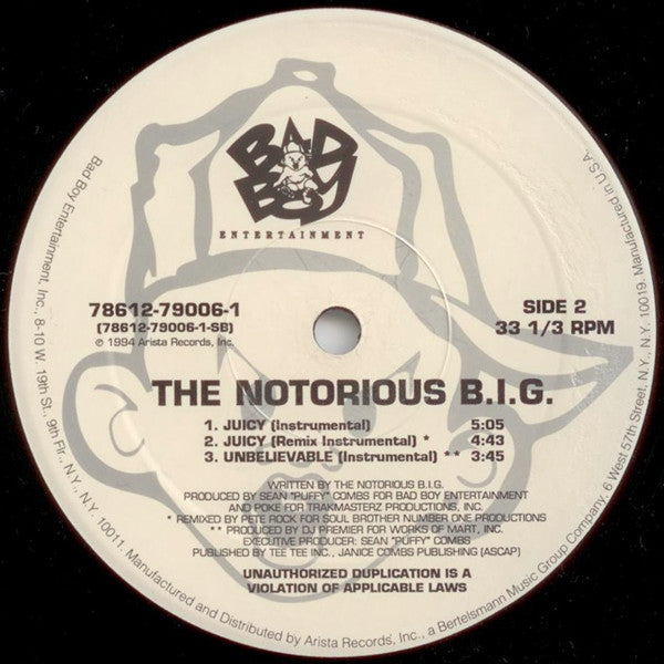 1994 Bad Boy USA Original Vinyl - The Notorious BIG's 'Juicy' 12 - inch Hip - Hop Record