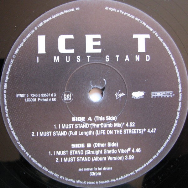 Ice T - Hip Hop Vinyl Record - 12 - Inch Single - 'I Must Stand' Released in 1996 by Rhyme $yndicate and Virgin UK in VG+ Condition
