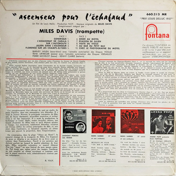 1958 France Mono LP Record - Miles Davis - Ascenseur Pour L'échafaud (VG - Low Grade) Jazz