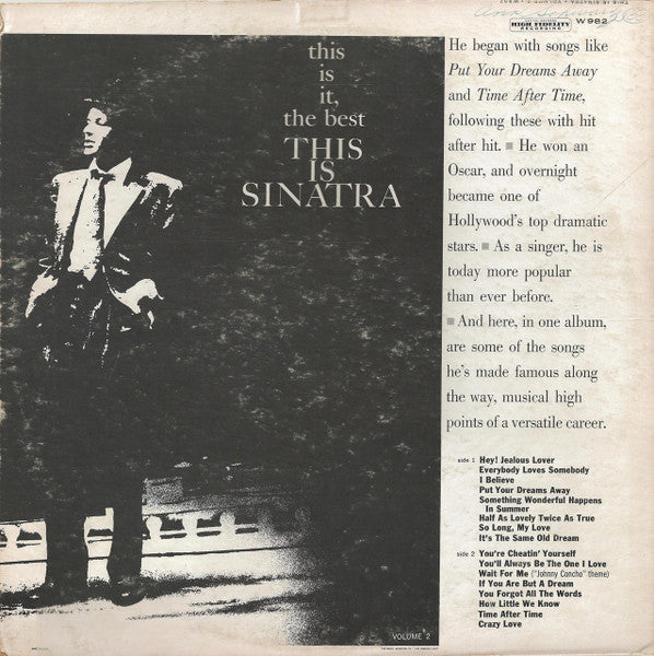 1958 Capitol USA Mono Original Vinyl LP - Frank Sinatra's This Is Sinatra Volume Two - Jazz/Vocal/Swing