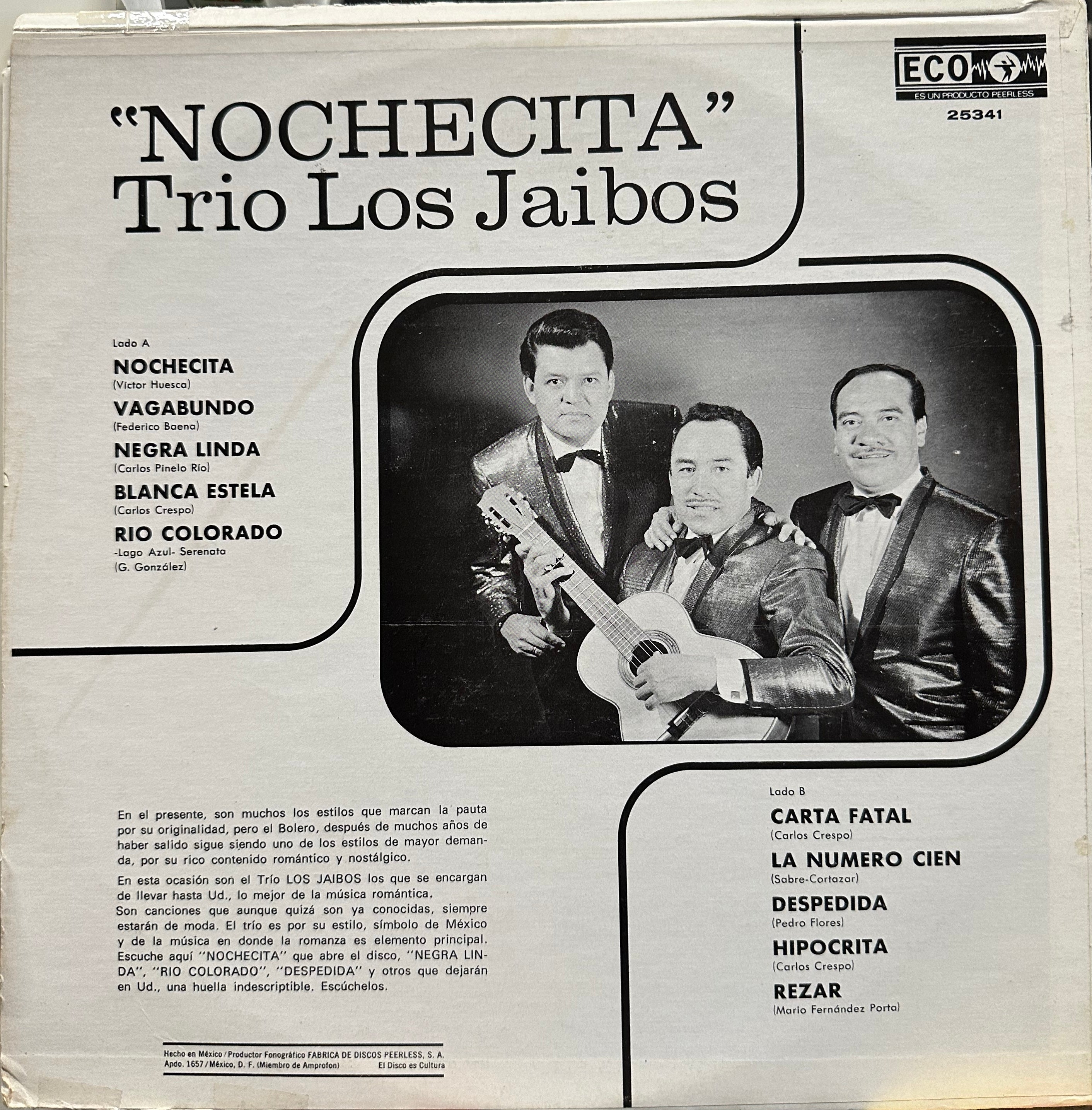 Trío Los Jaibos - Nochecita - Vintage 1965 Mexican Vinyl LP Record in Latin, Bolero, and Corrido Genres