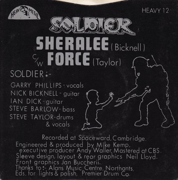 1982 UK Heavy Metal Records 7 - inch Single Vinyl Record of Soldier Featuring Sheralee / Force, In League With Satan, and Live Like An Angel in Mint Condition