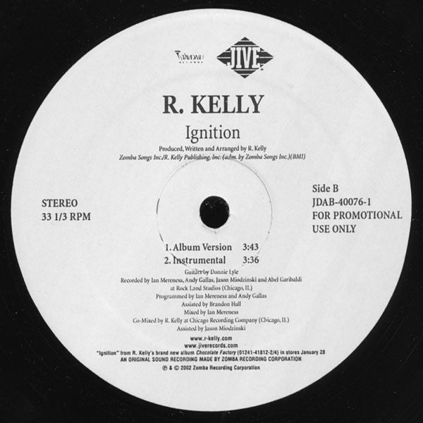 R. Kelly's 2002 Jive USA Promotional 12-Inch Single Vinyl Record - Ignition and Ignition Remix in VG+ Condition - R&B Music Product
