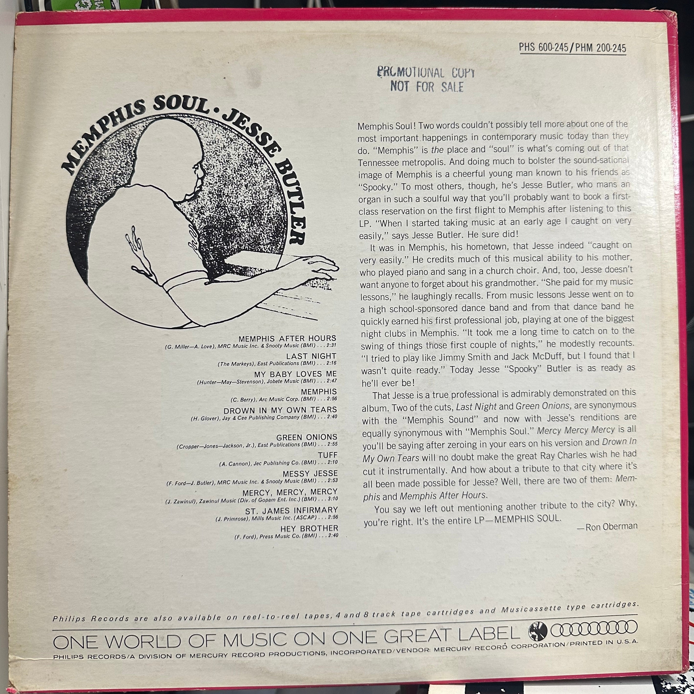 Jesse Butler's Classic Memphis Soul - A VG+ Grade 1967 Philips USA Promotional Label Vinyl LP Record in Jazz and Soul - Jazz Genre