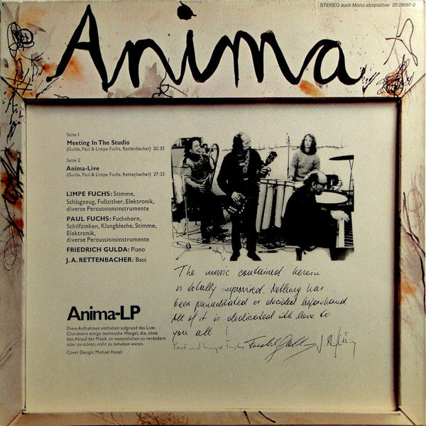 Anima, Limpe Fuchs, Friedrich Gulda, Paul Fuchs, Johann Anton Rettenbacher - Anima Vintage LP Record from 1972, Original German Vinyl in VG+ Condition for Krautrock, Free Improvisation, and Jazz - Rock Enthusiasts