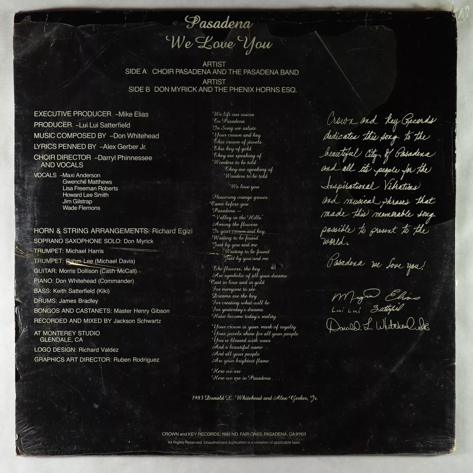 Choir Pasadena and The Pasadena Band - 'Pasadena We Love You' - Brand - New 12 - inch Single Vinyl Record from 1983 in USA, Featuring Soul and Boogie Music