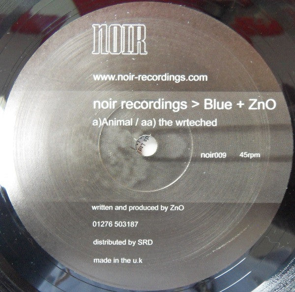 2003 UK Noir Vinyl 12-Inch Single Record of Drum n Bass Genre Featuring Blue / ZnO - Animal / The Wretched