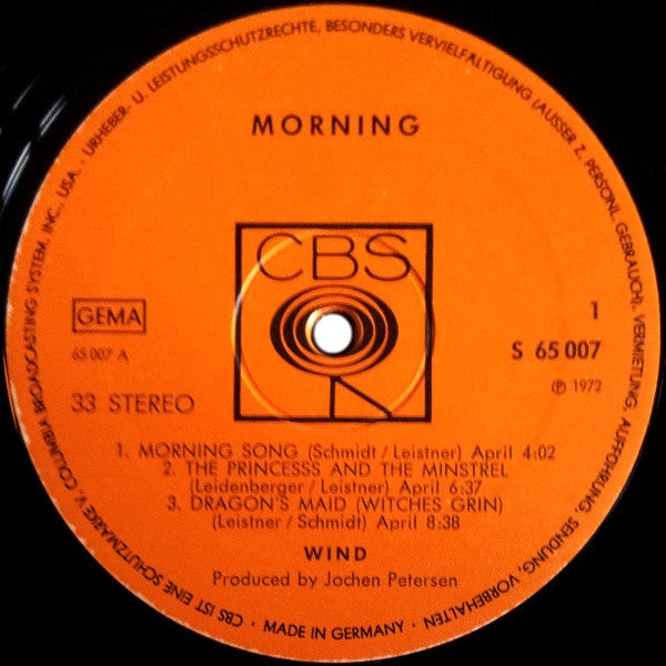 1972 German CBS Vinyl LP - Prog Rock Album 'Wind - Morning'