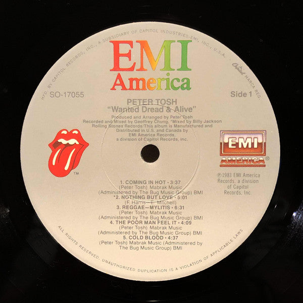 1981 EMI Rolling Stones USA Vinyl LP Record of Roots Reggae: Peter Tosh – Wanted Dread & Alive in VG+ Condition