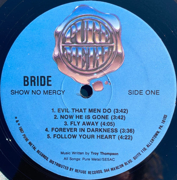 1986 Pure Metal USA Vinyl LP Record - Bride's Heavy Metal Album 'Show No Mercy' in Mint Condition