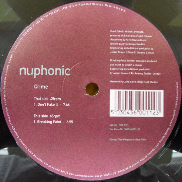 Crime – Don't Fake It / Breaking Point - VG 12 Single Record 1996 Nuphonic UK Vinyl - House / Disco