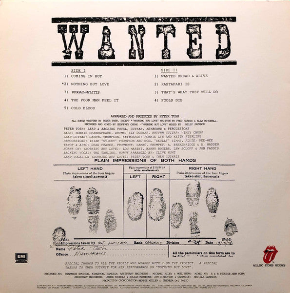 1981 EMI Rolling Stones USA Vinyl LP Record of Roots Reggae: Peter Tosh – Wanted Dread & Alive in VG+ Condition
