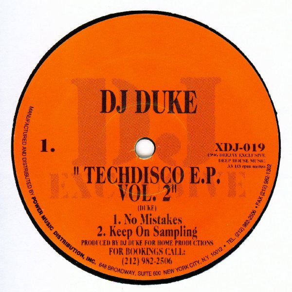 DJ Duke - Exclusive USA Promo 12-Inch Vinyl Single Record - Techdisco Extended Play Volume 2 (House Genre, 1996 Release, Side A Good, Side B Poor Condition)